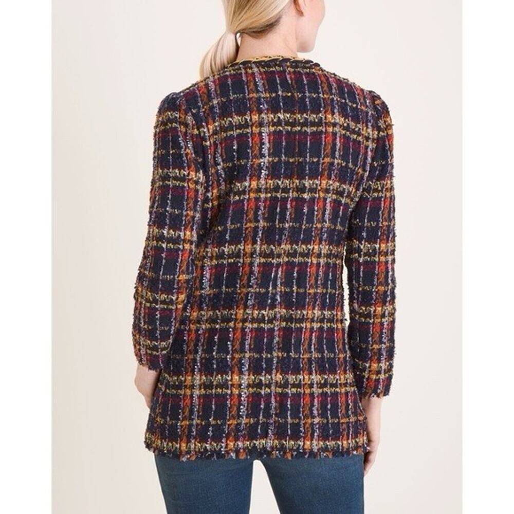 Chico's multicolor plaid tweed open-front jacket yellow braided trim Sz L - Picture 2 of 15